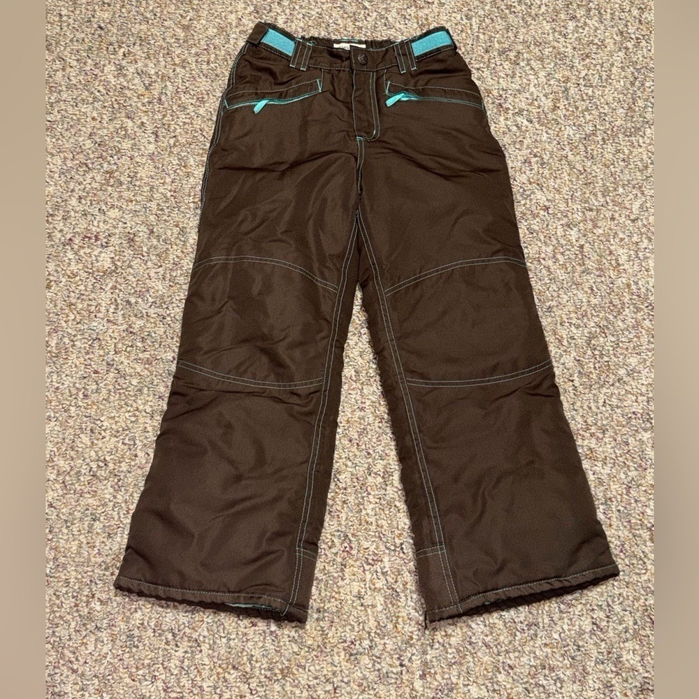 Girls size medium, 7/8 Cherokee Brown Kids Casual snowpants with Teal Accents